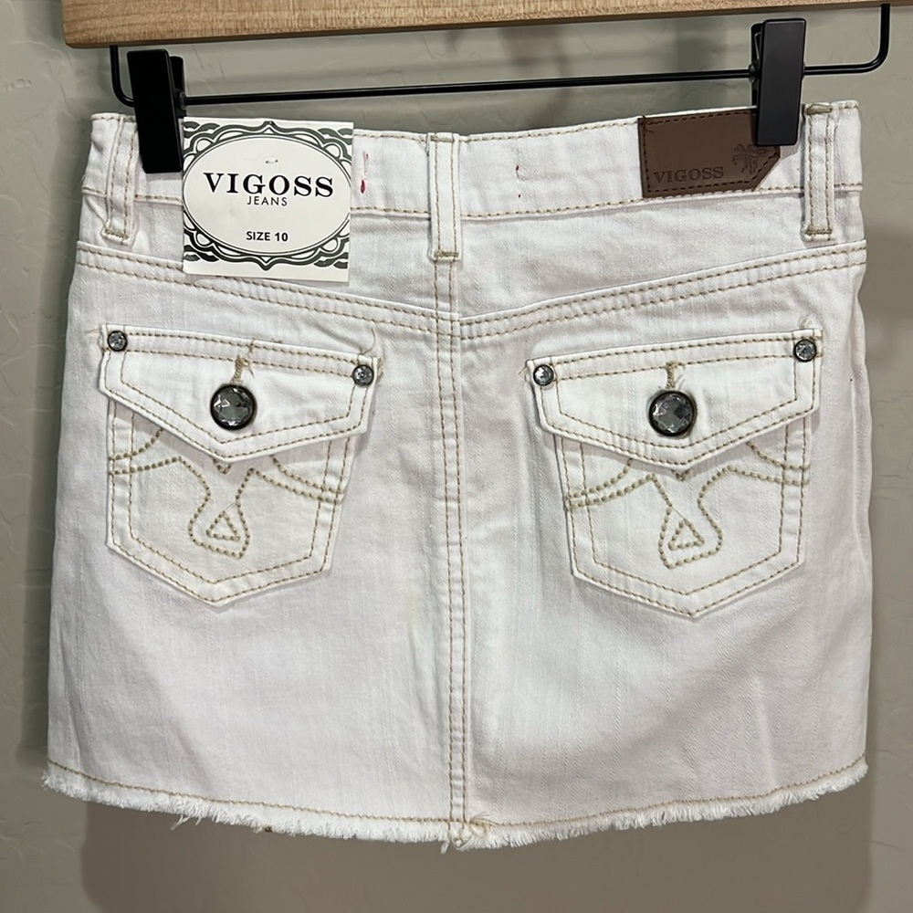 Vigoss Skirt Jean Girl Size 10 White Adjustable Waist Bling Rhinestone Fray Mini - Picture 6 of 10